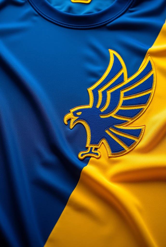 Create an Atlanta City Sports Jersey with blue and yellow colors and details, and with a geometric eagle in the corner of it, very detailed but not too extravagant