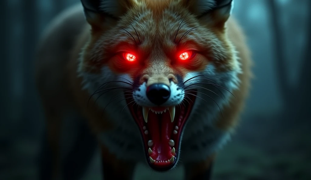 There is a shadow、Very Horror、Photorealistic、Ultra HD、The fox has its mouth wide open and its eyes glowing red.、Front view