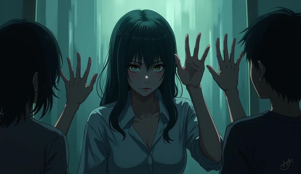 (best quality, masterpiece, ultra detailed), (anime:1.5)、woman is the main character、mysterious、Suspenseful Tone、Dark tones and shadows、A little creepy atmosphere、Surrealism、Dark fantasy、 The protagonist through the glass keeps tapping on the glass、Hysterical、Other people々gathered in front of the glass in the same way.、Showing eagerness to enter。