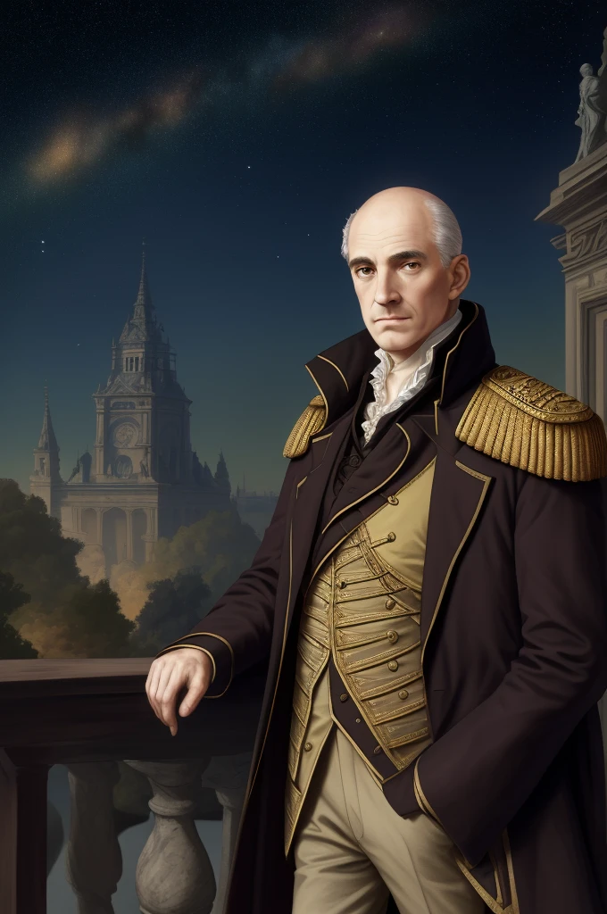 Highest quality, masterpiece, High resolution,，（Lalande），French，Marshals of the French Revolution，astronomy（French cityscape_background），Bald crown，Broad forehead，Middle-aged men，Anime Style, 4K, alone，whole body， looking at the camera, ，White side hair，Brown_coat， Hyper Detail, (Intricate details),