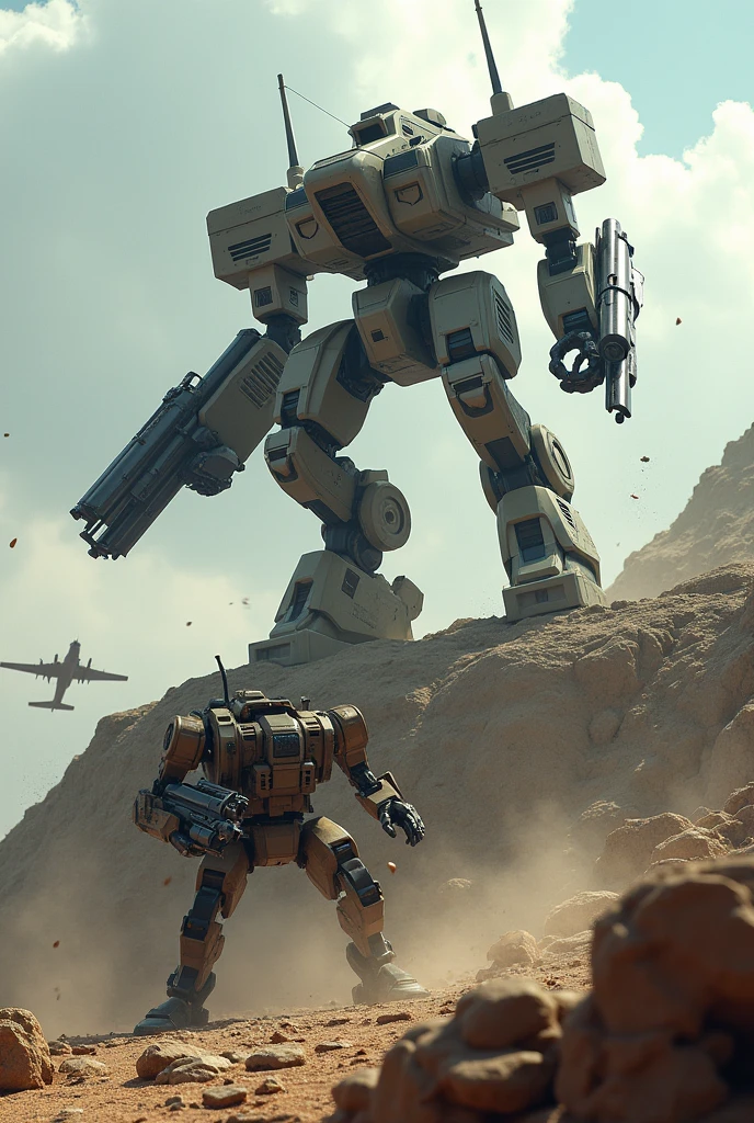 Create a image war robots battle field where 2 robots fighting each other one robot is on top of hill and other is down of the hill and beside of this robot half plane lying on the land