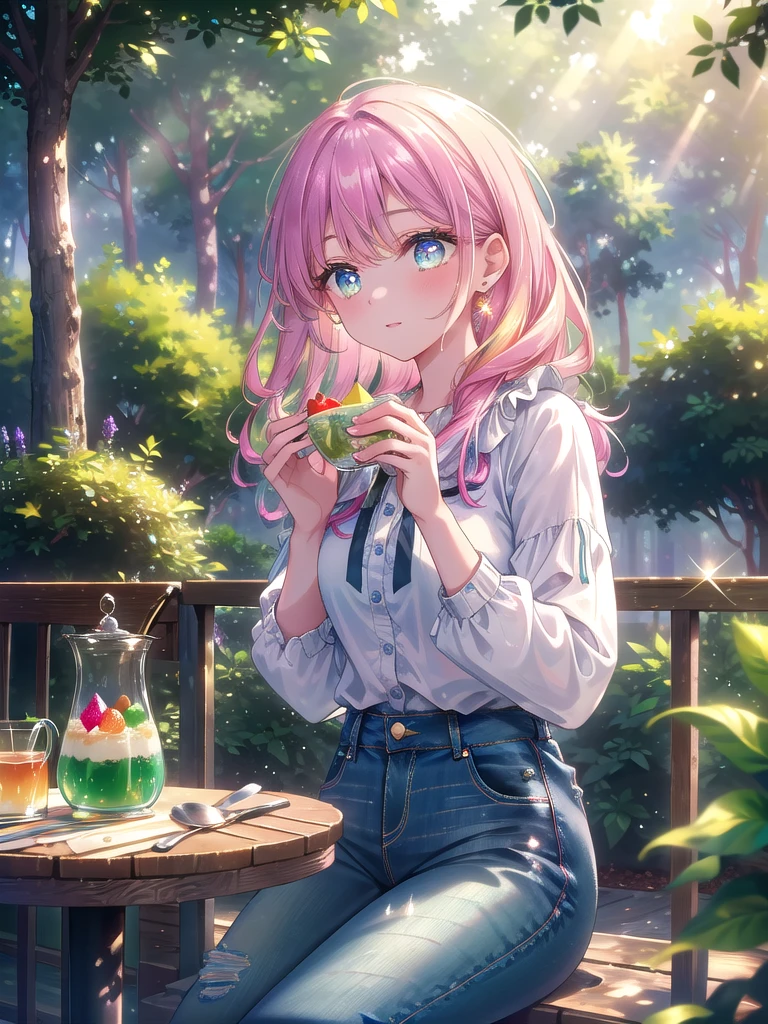 ((8k, Highest quality, masterpiece: 1.3)),Ultra-high resolution,(1 girl, alone), (Color changing eyes, Ultra-detailed, Expressive brilliance, Glitter, Glowing Eyes), Highly detailed eyes, Highly detailed face, Random Hair, ((pastel colour) In a quiet park café, the woman sits at a wrought-iron table with a small serving of fresh fruit salad and a glass of iced tea. She’s wearing a casual, light summer blouse with rolled-up sleeves and relaxed-fit jeans. The park’s greenery is vibrant behind her, with dappled sunlight filtering through the trees. She looks directly at the camera, her expression serene and relaxed, as she gently brushes a stray lock of hair behind her ear, enjoying the calm and the company of her boyfriend.