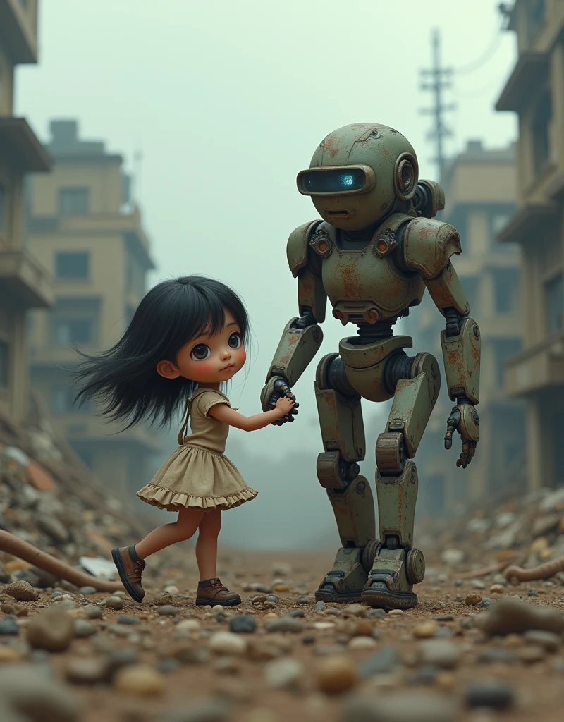 a cute girl and a combat robot walking in a post-apocalyptic ruined city, they are holding hands and trust each other, detailed facial features, beautiful detailed eyes,beautiful detailed lips,extremely detailed eyes and face,long eyelashes, mechanical robot, rusty and weathered, post-apocalyptic environment, rubble, debris, crumbling buildings, overcast sky, muted color palette, (best quality,4k,8k,highres,masterpiece:1.2),ultra-detailed,(realistic,photorealistic,photo-realistic:1.37),cinematic lighting,dramatic shadows,concept art style