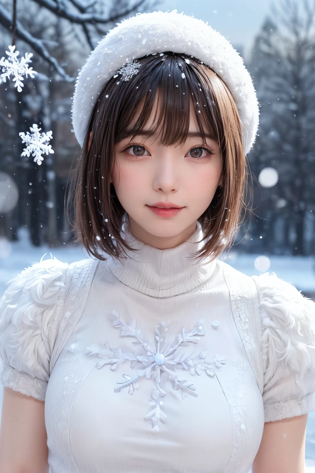 (masterpiece, Highest quality),One Girl, solo, Black-haired, scarf, hat, Realistic, Realistic, Looking at the audience, Light-coloured black eyes, Short brunette bob hair, Brown coat, Winter clothes, White headscarf, Lips, Bans, Plein Air, Mouth closed, Upper body、Big eyes、Eyelashes、((Beautiful landscape with sparkling snow:1.4、Snowing background:1.5、Large snowflake motif:1.6、Beautiful snowy landscape background with no people around:2))、(((Short bob hair with bangs、Shiny Hair、Big eyes、large full chest、Intensely accentuates the eyes、Staring at the audience、Beautiful beauty、Listen carefully、Long neck、Smile a little、Please close your mouth and laugh、Ideal body proportions)))、{huge|big|hugeな|Mega} chest:2, chestの谷間:2、