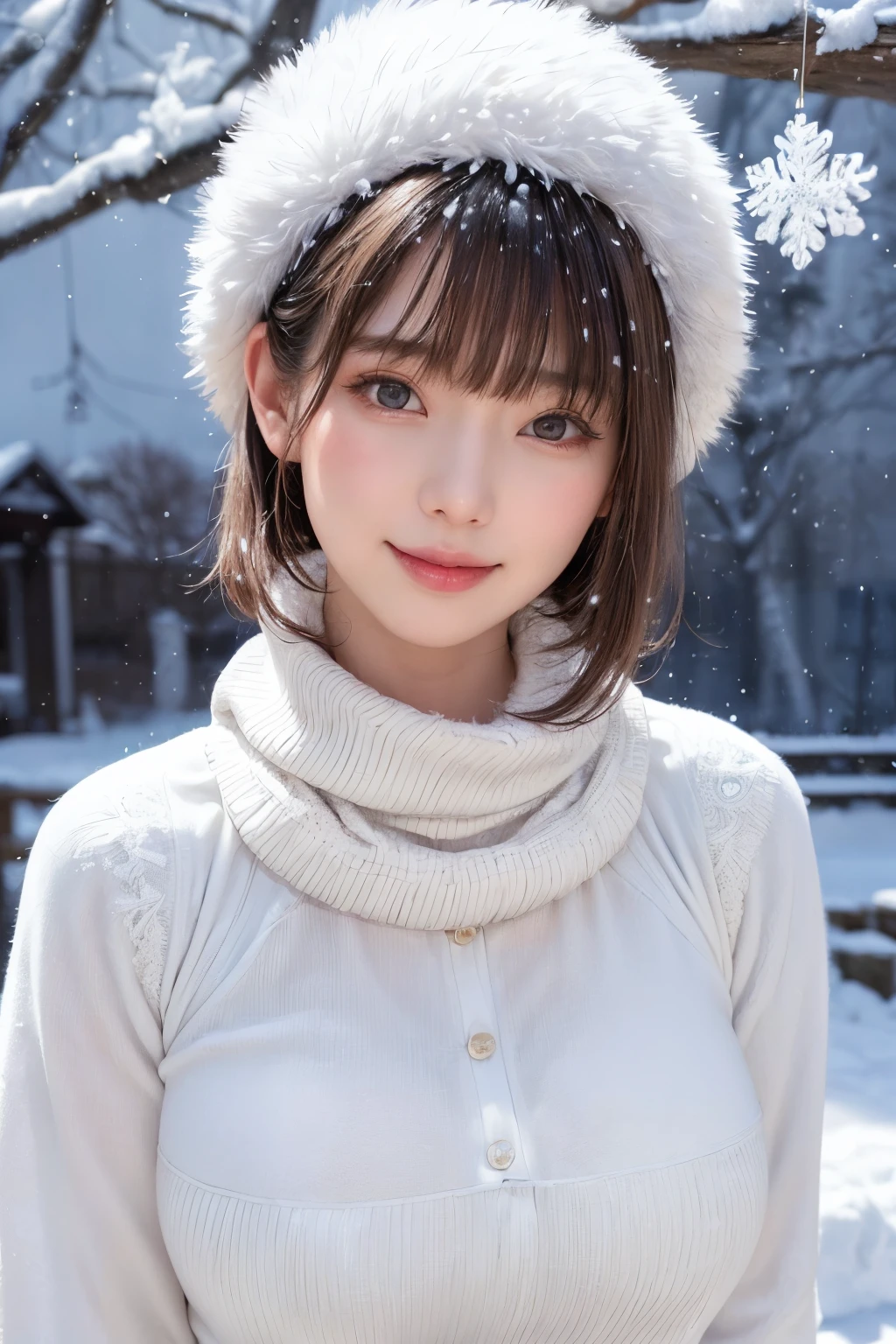 (masterpiece, Highest quality),One Girl, solo, Black-haired, scarf, hat, Realistic, Realistic, Looking at the audience, Light-coloured black eyes, Short brunette bob hair, Brown coat, Winter clothes, White headscarf, Lips, Bans, Plein Air, Mouth closed, Upper body、Big eyes、Eyelashes、((Beautiful landscape with sparkling snow:1.4、Snowing background:1.5、Large snowflake motif:1.6、Beautiful snowy landscape background with no people around:2))、(((Short bob hair with bangs、Shiny Hair、Big eyes、large full chest、Intensely accentuates the eyes、Staring at the audience、Beautiful beauty、Listen carefully、Long neck、Smile a little、Please close your mouth and laugh、Ideal body proportions)))、{huge|big|hugeな|Mega} chest:2, chestの谷間:2、