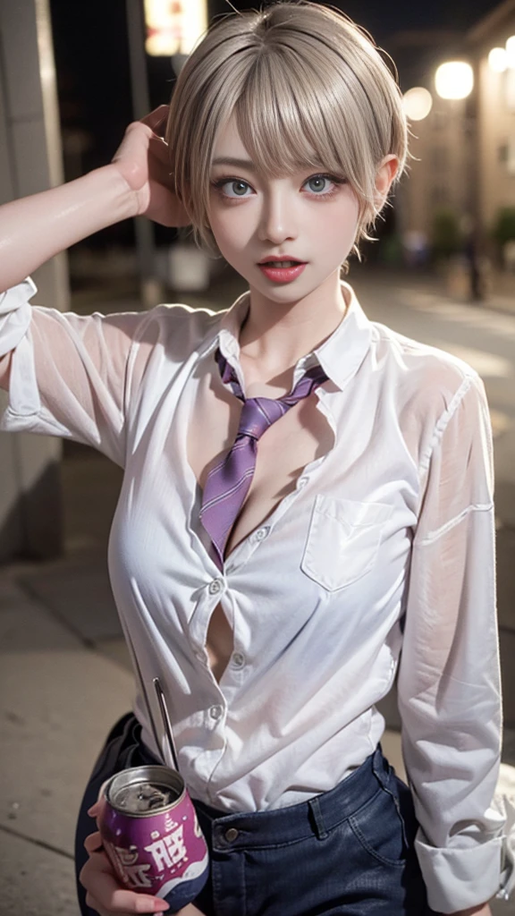 extremely detailed, best quality、masterpiece、detailed、(Mega boobs), (((Safe and secure、CERO A、All ages、safety sensor、Absolutely safe、sfw:1.5, safety)))、
masterpiece、best quality、detailed、ultra quality、extremely detailed、hires、ultra hires、8k, 32k
(Moody lighting:1.2), Written boundary depth, Bokeh, High resolution, 8k wallpaper, Realistic, Realistic, RAW Photos,
Detailed face、Detailed Background、
(Live Action、Intricate details)、blonde、pixi short hair、
(jirai makeUP:1.3、Red eyeliner、Light purple eyes, Blonde pixy short hair),
A woman in casual office fashion、Disheveled clothing、
One Woman, (Late Night:1.8, Ahegao:1.5, Drunk:1.4), Office lady、pantyhose, While drinking a can of beer、holding a beer can、beauty、Drunk 、Lean your body、Tired face、Drunk、Drunk and red face、I feel dizzy、Vomit、Vomiting、Outdoor、((steam,sweatvulgar)),(Open your mouth and stick out your tongue:1.3, ahegao:1.2,rolling eye:1.2)