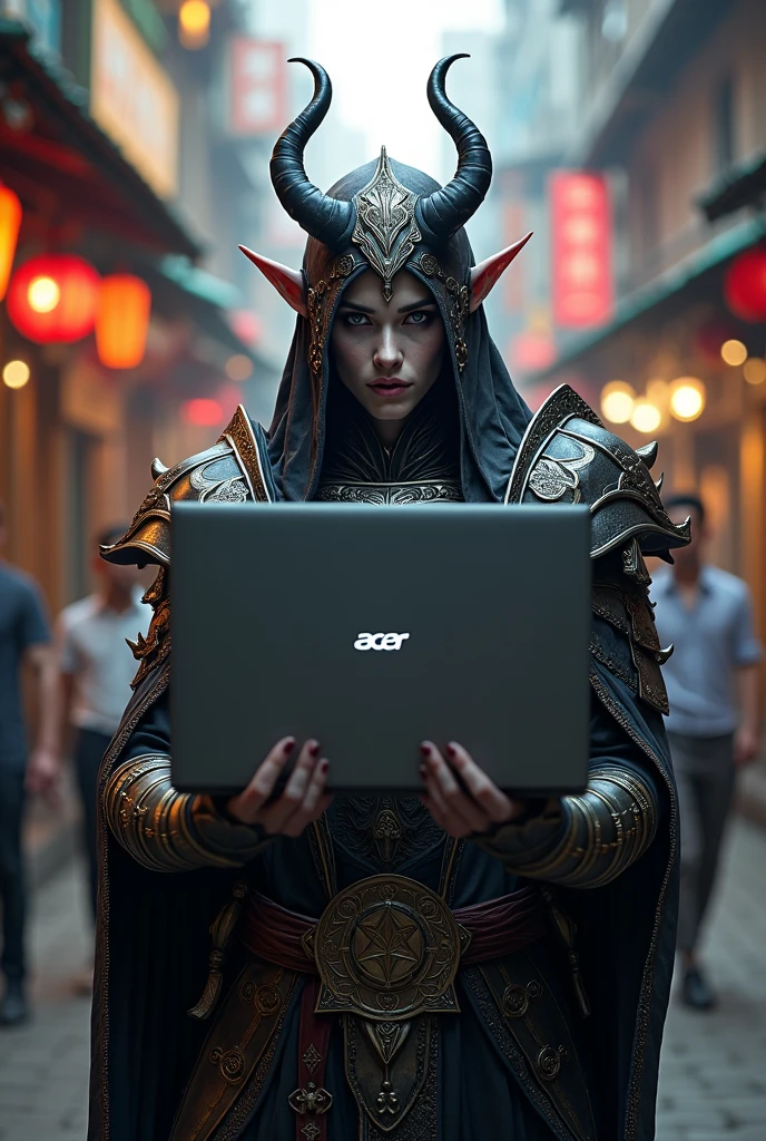 Lineage 2 dark elf, holding Acer laptop, Bangkok china town