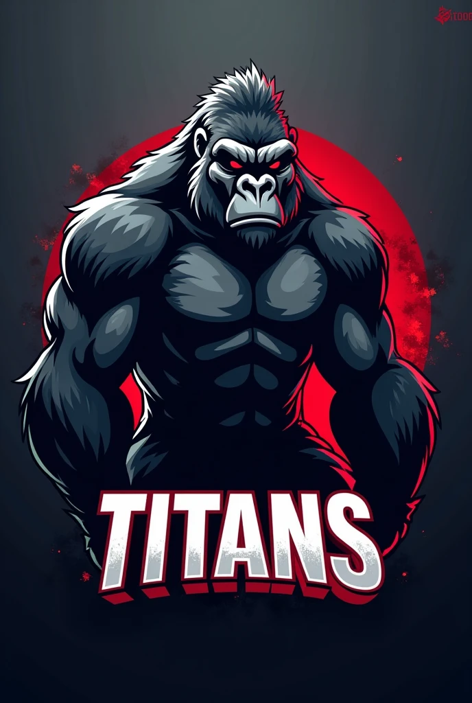 Basketball team logo inspired by the NBA, a gray gorilla in the background with the writing "Titans" in red and white outline around the writing