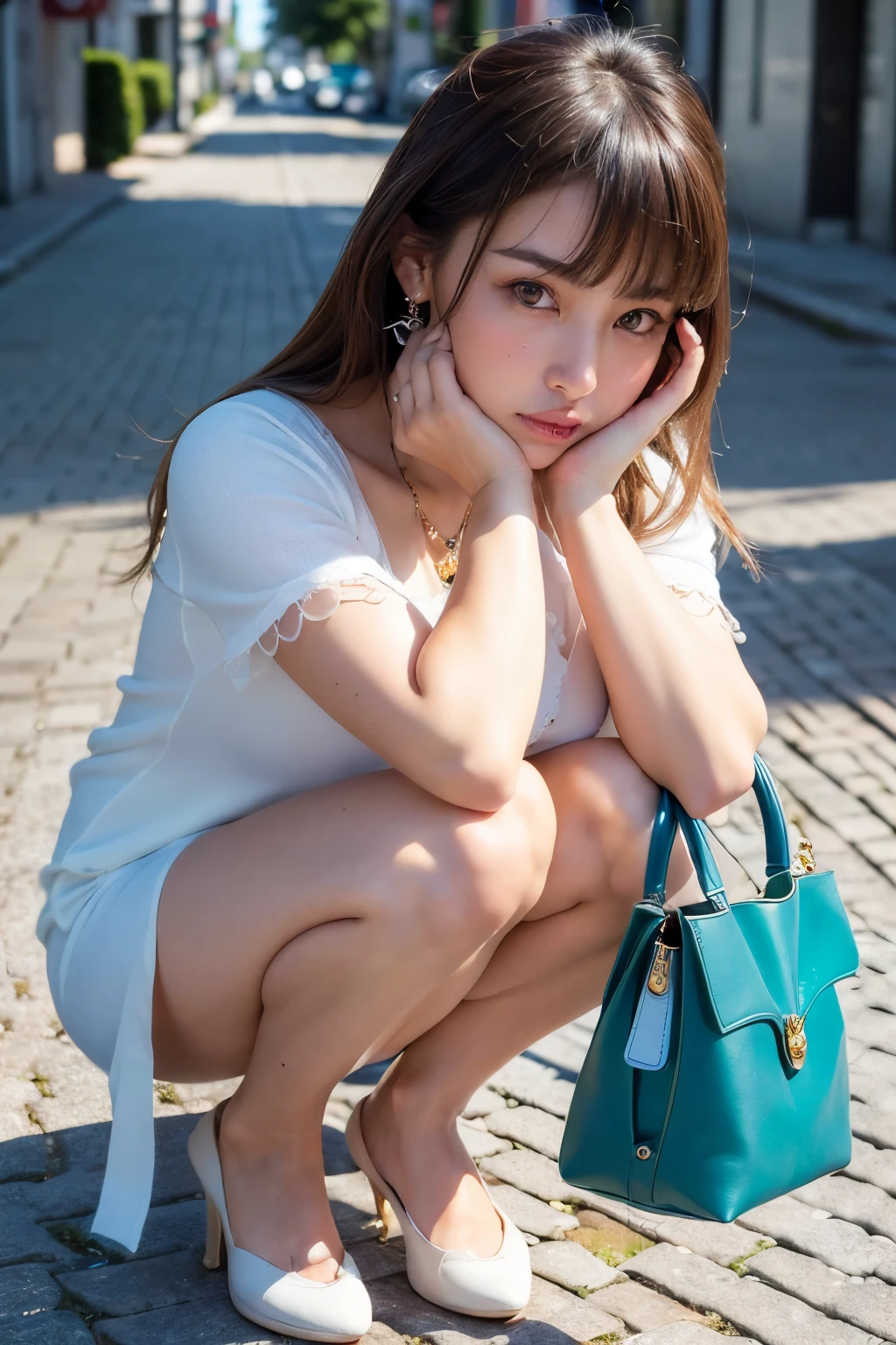 ((Realistic, 8k, Top Quality, Masterpiece: 1.5, Best Quality, Illustration, Ultra-detailed, finely detail, high resolution, 8K Wallpaper, Perfect dynamic composition, Beautiful detailed eyes)), (open chest clothe with handbag:1.6), Natural Color Lip, (squatting street:2.0),20 years girl, shiny sweaty skin:1.4, ((beautiful detailed face and eyes:1.5)),((Highly detailed face and skin texture, Highly detailed lip texture, Beautiful detailed eyes, Raw Photo)), (Very Delicate and Cute Japanese Girl:1.5), (1 girl), Perfect Style, necklace, earrings, realistic shadows, (Emphasis beautiful sexy Legs:1.6)