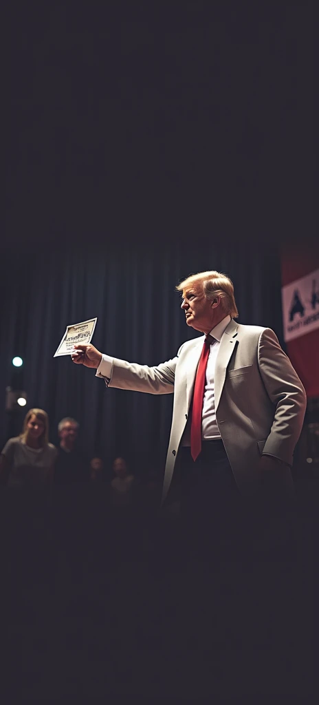 Create an image of me by taking a similar photo with someone else, the context of the photo is one in which I hold a politician's ticket that is being released in my hand, I am the man in the picture.