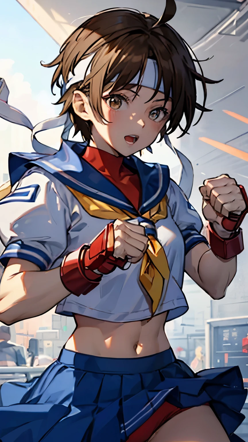 kasugano sakura, brown eyes, brown hair, short hair, bangs, ahoge, headband, puffy sleeves, crop top, yellow neckerchief, blue skirt, fingerless gloves, thighs, white socks, red footwear, (upper body:1.3), open mouth, (cameltoe), masterpiece, Noise Reduction, perfect anatomy,high resolution, ultra-detailed,game cg, dutch angle, beautiful detailed eyes, visualart, five fingers, perfect hands, perfect lighting