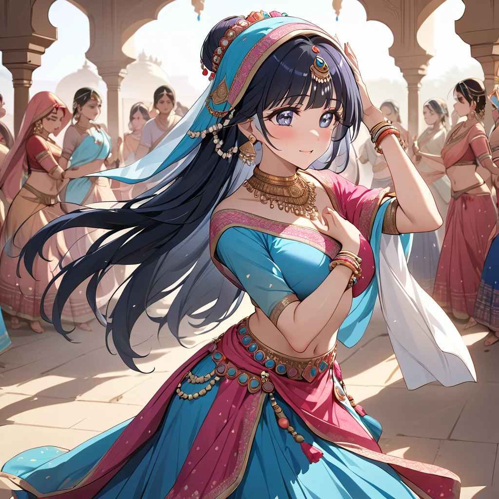 ((Highest quality)), ((masterpiece)), (detailed), （Perfect Face）、The woman is Reika Aoki with semi-long hair、A woman is dancing Rajasthani dance in an Indian Rajasthani dance costume.