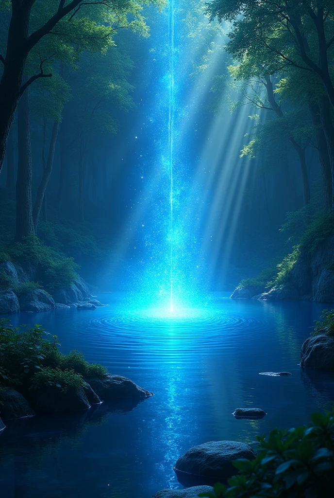 a forest, There is a lake in the middle, In that lake, Blue light burst out from it