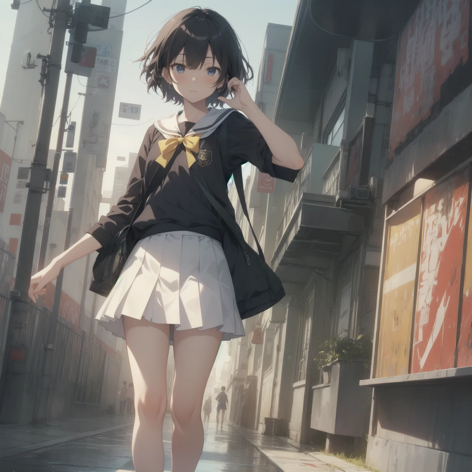 ultra-absurdres-Top quality by artist God, ultra-detailed, high resolution, anime moe artstyle, best anime 8k konachan wallpaper, pixiv contest winner, pool:2810, perfect anatomy,break, 1girl, (Please draw a girl walking sleepily to school alone. )break,(Solo,little female,15yo:1.3),Full limbs, ,a junior high school student, (very short hair), short cut, flat chest, , small butt, small black eyes, beautiful detailed eyes, well-proportioned iris and pupils, expressive eyes, highres detailed hair, soft expression, salor school_uniform, sailor collar, serahuku, bow, pleated skirt,(Detailed Lighting), (Detailed background), in the School commute route. break,super detailed skin, Best cinematic lighting powered by famous artist, 8k,beauty illustration,photoshop_(medium),very aesthetic,break,((artist:merunyaa )), artist:clamp ,artist:carnelian ,artist:kantoku ,