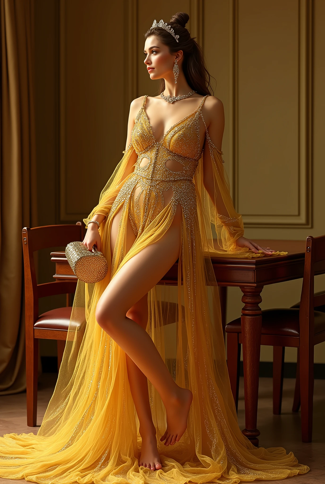 A woman in a gold dress is posing at a wooden table, Golden Dress, elegant Gold Body, Gold Body, Golden Clothes, Holding a bag of gold, draped in shiny gold and silver, covered in gold, glitter dress, 薄いGolden Dressを着て, Golden costume, Sexy Costumes, very Sexy Costumes, Liquid Gold, Sparkling diamond dress, Golden Goddess