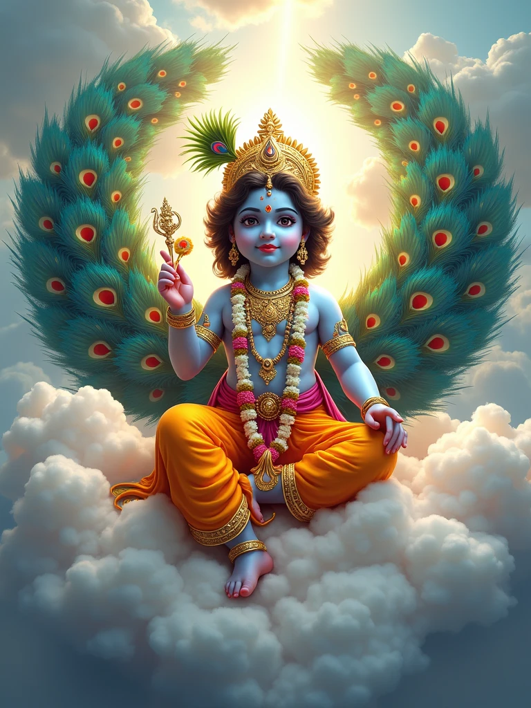 A divine Krishna resembling a young deity is depicted seated amidst fluffy white clouds, surrounded by a radiant light. The Krishna wears an ornate golden crown and colorful traditional attire, adorned with intricate jewelry and floral garlands. In one hand, the deity holds a ceremonial staff, while a peacock is positioned at the feet, adding to the ethereal ambiance. Behind the figure, a backdrop of peacock feathers enhances the majestic scene.