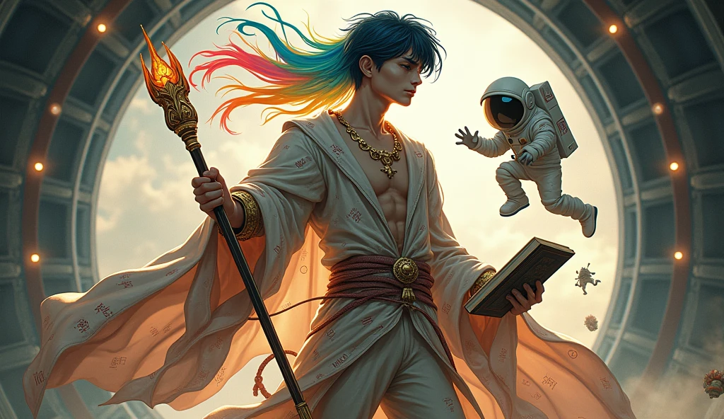 A male teenager. He is holding in his left hand the Ruyi Jing Bang and in his right hand a book of Moby Dick. His skin is white as paper and has several things written in several languages on his skin. He is wearing a cloak made of papyrus held together by a golden scarab. His clothing is somewhat reminiscent of the Victorian era. His hair is long and looks like it is floating. It has the colors of the rainbow and is glowing. His eyes are like buttons. In the background you can see a baby Cerberus flying with an astronaut's junk. He is in the Avengers ship. The image has to be in anime.