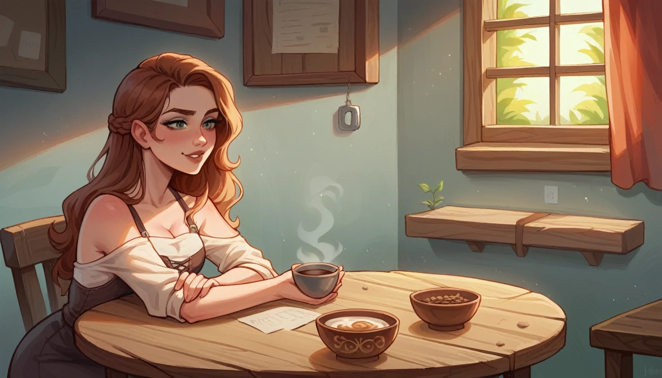 A bowl of coffee beans sits on the table, filling the room with their rich, earthy aroma. The beans, glossy and perfectly roasted, hint at the promise of a flavorful brew. Their deep brown color contrasts beautifully against the rustic wood of the table, creating a simple yet inviting scene that speaks of comfort and warmth.