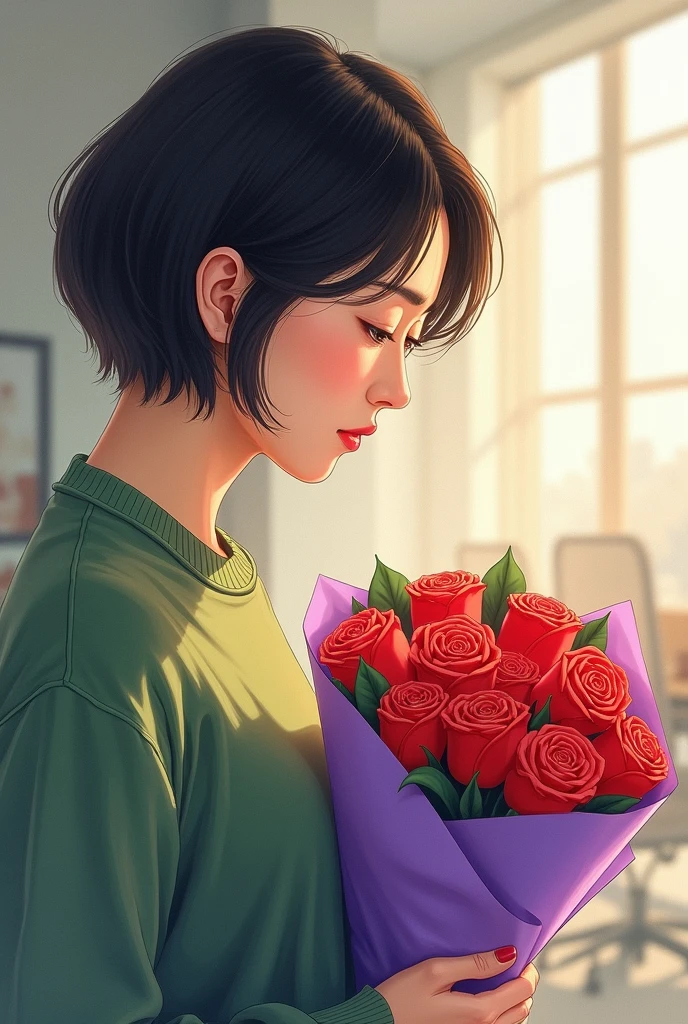 A close-up portrait of a woman with short dark hair, holding a bouquet of red roses wrapped in purple paper. The woman is wearing a green sweater and is looking down at the flowers with a gentle smile. The background is blurred, showing a room with light walls and some office furniture in the distance.japanese,40years old,art watercolor