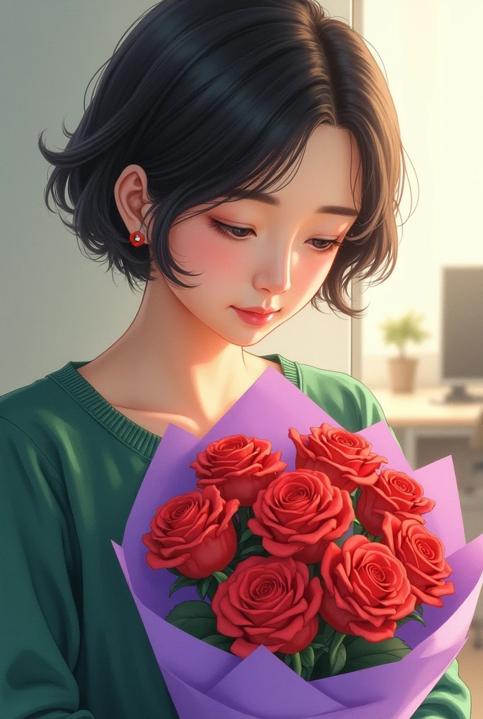 A close-up portrait of a woman with short dark hair, holding a bouquet of red roses wrapped in purple paper. The woman is wearing a green sweater and is looking down at the flowers with a gentle smile. The background is blurred, showing a room with light walls and some office furniture in the distance.japanese,40years old,art watercolor