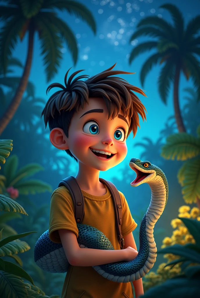 A boy with brown hair and blue eyes., Happy boy playing with poisonous snake in tropical jungle with starry sky 