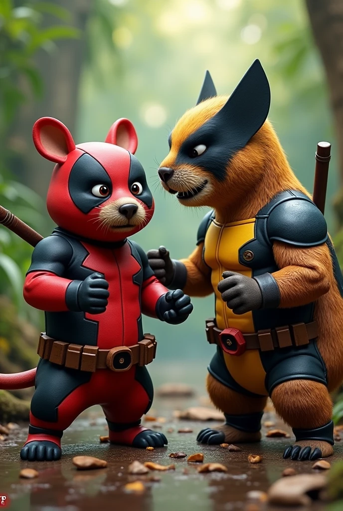Of the capybaras, one in a Deadpool suit and the other in a Wolverine suit