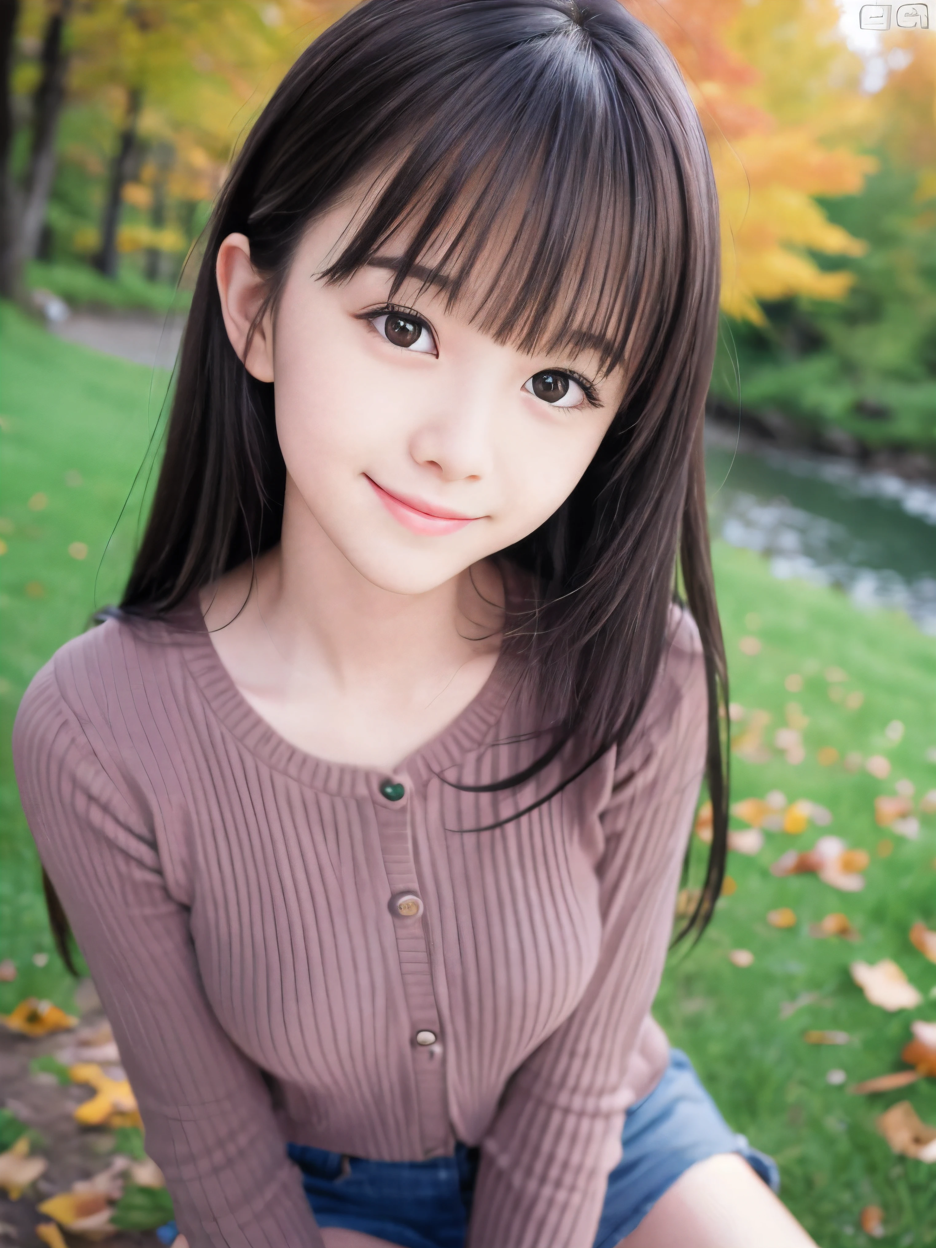 (Close up face shot of one slender small breasts half up brown long hair with bangs girl in a long sleeves shirt and sweater:1.5)、(One girl is leaning forward with happy smile on the dart road near the lake and big waterfall:1.5)、(Beautiful autumn leaves and mountain view:1.5)、(Natural light:1.5)、(8k ultra detailed master piece:1.5)、(perfect anatomy:1.5)、(Photorealistic stick:1.5)、(Raw photo:1.3)、(highest quality:1.5)、(High resolution:1.3)、(Delicate and beautiful perfect face:1.3)、(Delicate and beautiful eye air skin:1.3)、(Real Human Skin:1.3)、((thin legs))