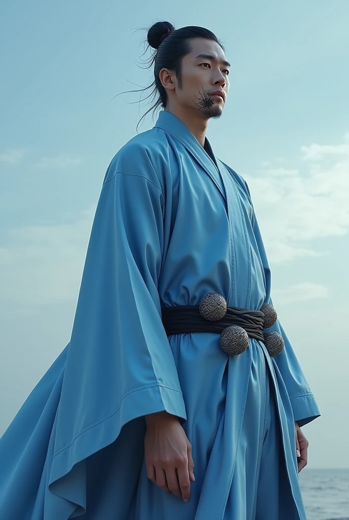 Asian eye, Samurai Bun for Asian Long Hairstyles for Men , inverted tangle body type, sky blue long jacket , 1.96 meters tall , long silk jacker grey sky blue , right hand with spider web , Waist have 4 balls , full body