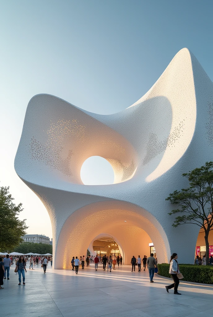 Build an architectural pavilion with curves and straight elements, Exhibitions will be held there, taking Mexican papel picado as a reference.