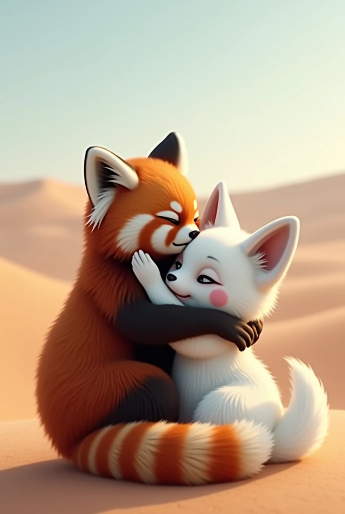 Red panda hugging a white desert fox 
