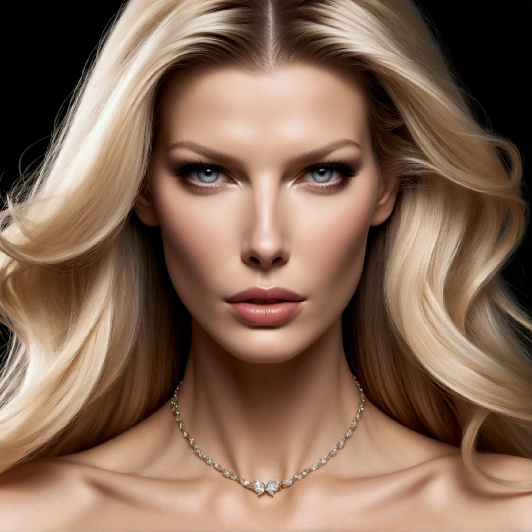 HYBRID FACE BETWEEN CLAUDIA SCHIFFER AND GISELE BUNDCHEN , BUST IMAGE STYLE, STUDIO IMAGE STYLE, BLACK INFINITE BACKGROUND, DIFFUSED LIGHTS ON FACE, STRONG BACK LIGHTS, CLOSE FACE SHOT, PLATINUM LONG HAIR, HUGE STRAIGHT LONG HAIR, VERY VOLUMOUS HAIR, PLATINUM EYEBROWS, VERY PALE SKIN, HIGH CHEEKBONES, ROSY CHEEKS, GORGEOUS LIPS, SOFT LIPSTICK, FREE COLLAR BODY REGION, VOLUMOUS BREASTS, STRAPLESS CLEAVAGE, ENIGMATIC FACE EXPRESSION, HIGH QUALITY IMAGE, MASTERPIECE, 8K