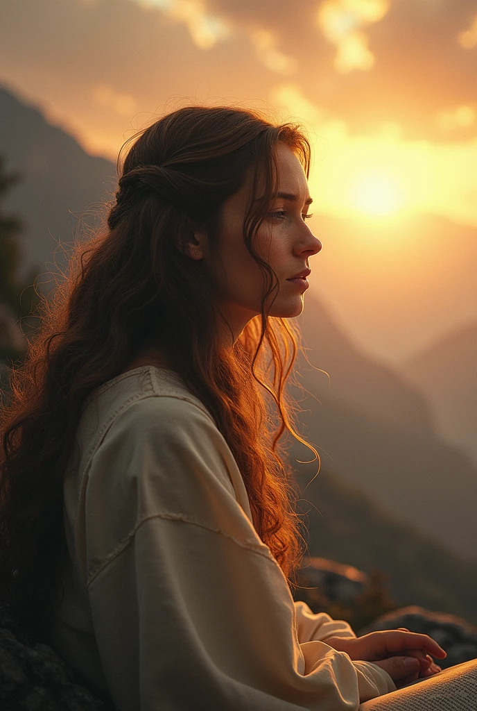 "Create an evocative scene that represents a rich and complex biblical narrative. The image should capture a moment of deep reflection and spirituality, where a central character, with expressions of suffering and hope, she is in a natural setting, like a mountain at dawn. Ao fundo, the sky must be tinged with warm colors, symbolizing the divine presence. Elements that represent faith, like a cross or an open holy book, can be subtly incorporated into the landscape. The character's expression must convey an internal dialogue with God, reflecting the universal themes of suffering, faith and the search for understanding."