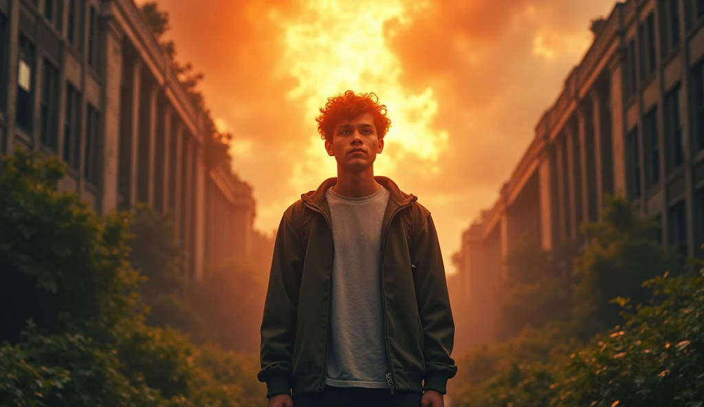 "Design a YouTube thumbnail featuring a young adult character, standing tall with a determined expression, against the backdrop of an abandoned, overgrown university campus. The character is surrounded by ruins but is illuminated by a warm, golden light breaking through the clouds, symbolizing hope. The text 'RISE FROM THE ASHES' should be in bold, fiery letters at the top. The overall color scheme is desaturated except for the character and the light, which should be vibrant and eye-catching."