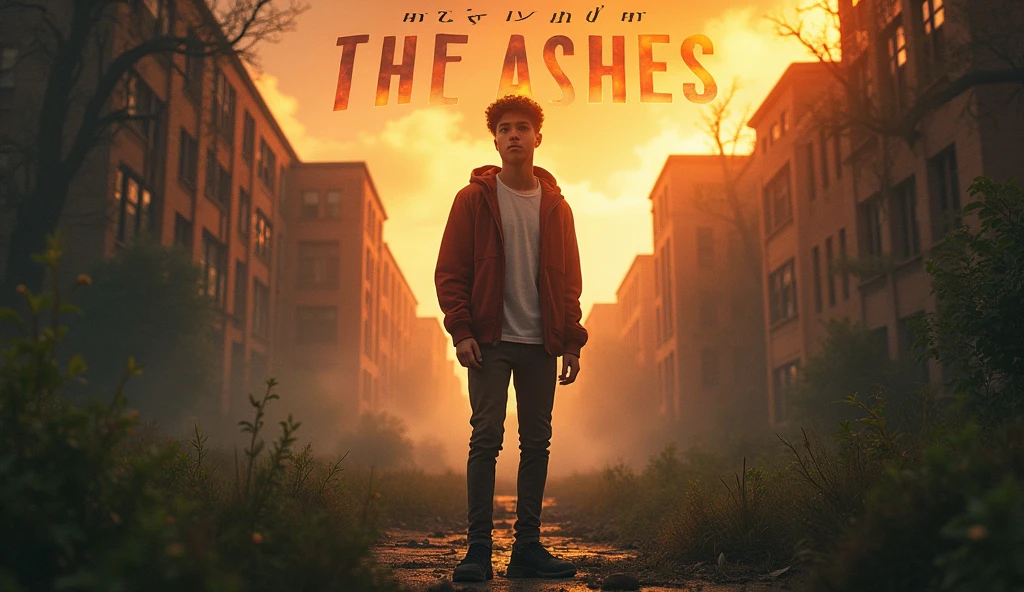 "Design a YouTube thumbnail featuring a young adult character, standing tall with a determined expression, against the backdrop of an abandoned, overgrown university campus. The character is surrounded by ruins but is illuminated by a warm, golden light breaking through the clouds, symbolizing hope. The text 'RISE FROM THE ASHES' should be in bold, fiery letters at the top. The overall color scheme is desaturated except for the character and the light, which should be vibrant and eye-catching."