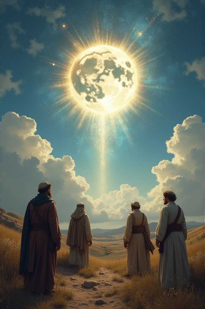 People look at the sky. People from the era 500 AD. The sky lights up a little. In heaven is the name Allah