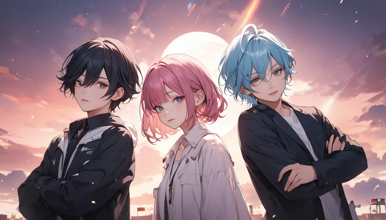 3 people、Pink Hair、short、Light blue hair、long、Black Hair、long