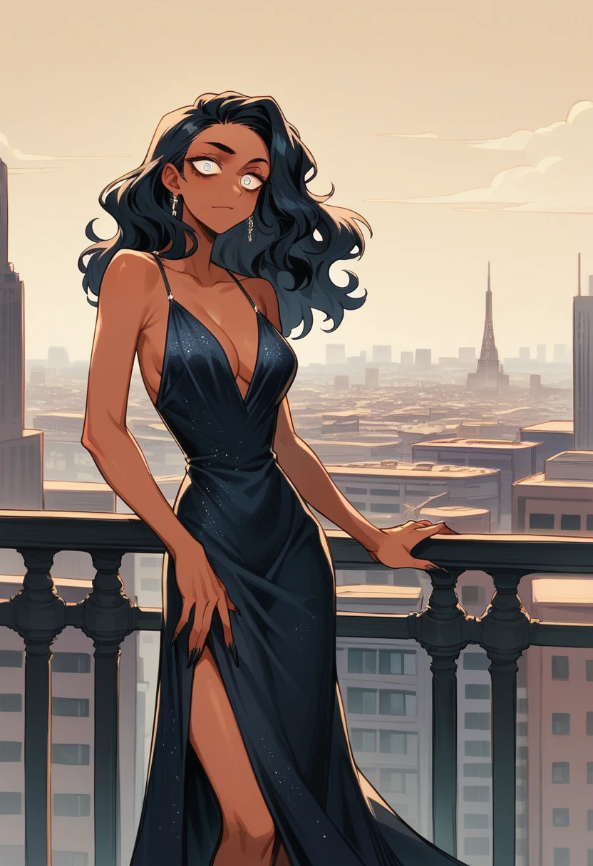 long wavy black hair, tanned skin, slim figure, sharp jawline, bright eyes, in a luxurious hotel lobby, in an elegant evening gown, A confident woman with long wavy black hair, wearing a black evening gown, standing on a city rooftop with the skyline in the background, 