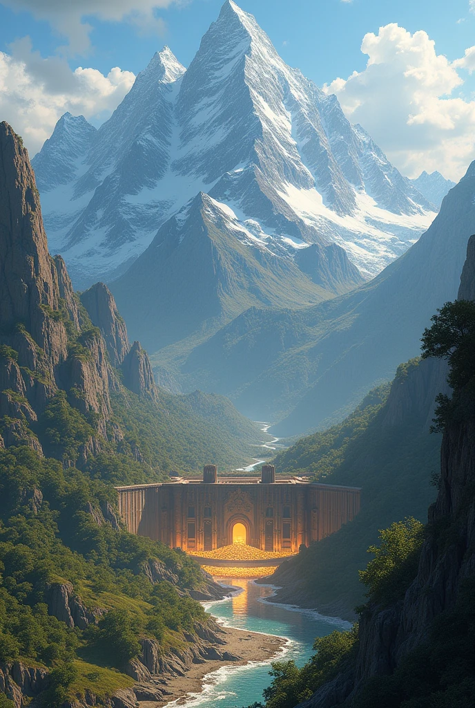 A panoramic view of the ancient kingdom of dragons, with snow-capped mountains, deep caves filled with gold and precious stones shining in the sunlight.