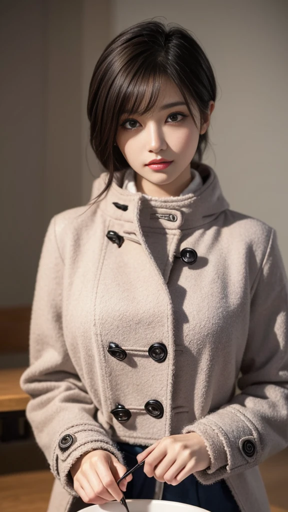winter，snow scene，lace pantyhose，((duffel coat))、Depth of the bounds written，real light，ray tracing，OC renderer，UE5 renderer，surreal，best quality，8K，works of masters，super fine，correct anatomy、(highest quality, 4k, table top: 1.3), Beautiful woman、surreal, 1 girl,highly detailed face,fine eyes,double eyelid, (beautiful detailed lips),sexy face,women of arafe,2、