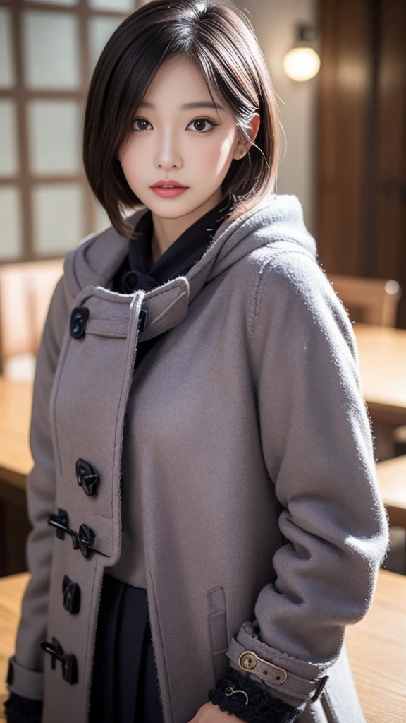 winter,snow scene,lace pantyhose,((duffel coat))、Depth of the bounds written,real light,ray tracing,OC renderer,UE5 renderer,surreal,best quality,8K,works of masters,super fine,correct anatomy、(highest quality, 4k, table top: 1.3), Beautiful woman、surreal, 1 girl,highly detailed face,fine eyes,double eyelid, (beautiful detailed lips),sexy face,women of arafe,2、
