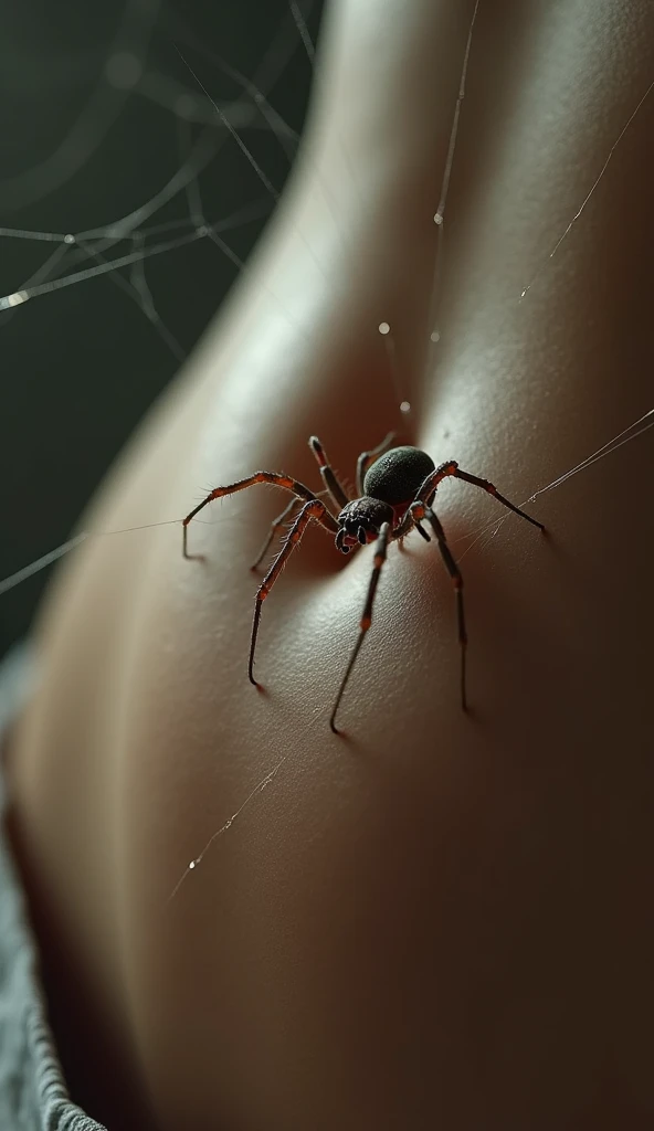 A small, life-sized spider slowly descending on its web toward a female belly button. The spider should be highly detailed and realistic, with its thin legs and delicate body clearly visible. The web should be fine and almost transparent, subtly standing out against the background. The female navel should be in focus, with sharp details such as the navel and the texture of the stomach. The scene should convey a sense of closeness and tension, capturing the moment as the spider approaches the navel. Sweaty navel, sweaty body, sweaty skin