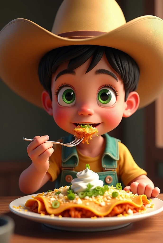 Green-eyed boy with pink skin wearing a cowboy hat and tasting chilaquiles
