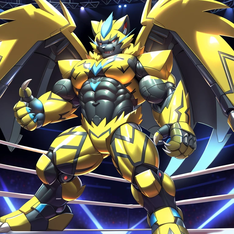 (ZERAORA, 8K), (Zeraora's giant robot, Powered exoskeleton with the same design as Zeraora), (Masterpiece, highres) (Detailed head, Detailed Body, Detailed abs, full body) (gigantic muscles, Gigachad Muscular, big muscle, pecs, triceps, traps, unusually developed muscular body, body full of huge muscles. showing off muscles, pectorales enormes, Exaggeratedly huge muscles.) (nj5furry, The claws are sharp, Sharp teeth, sharp claws), (long legs), (Spread wings, It has wings, have big wings, golden wings), (Wrestling, wrestler, the bodybuilding), (It has wings, whole body shines like metal, Wearing cyberpunk mecha, emphasizes the muscles, suit fully made of metal, intricate armor, Robotic suit, suit fully made of metal, cyborg),  menacing pose, 