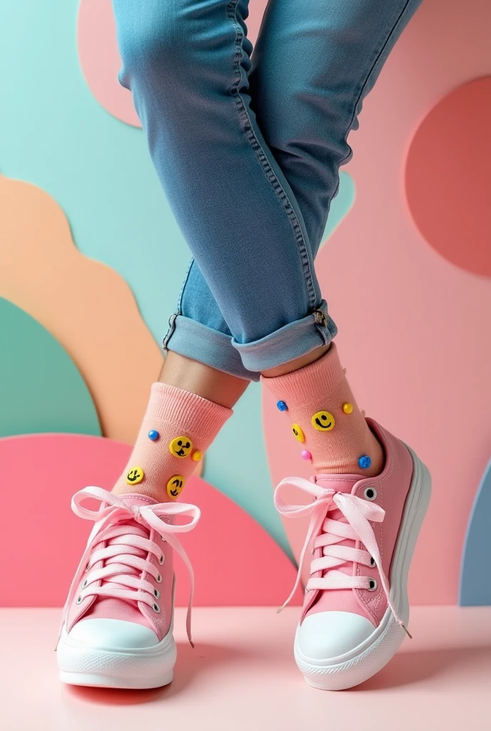 Create an image of two legs crossed at the ankles. The left leg is wearing a pair of blue jeans that end above the ankle., and the right leg is adorned with a peach colored sock with colorful beads and smiley faces around it. Both feet are wearing pink sneakers with white soles, and the laces are tied in a bow. The background consists of abstract shapes in pastel colors..