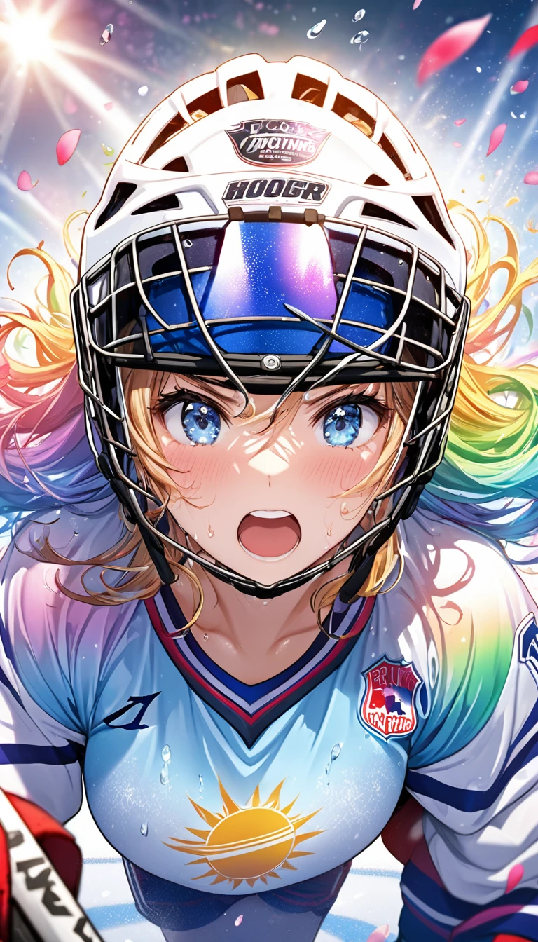 (Sports magazine cover photo), Highest quality, Great quality, 16K, Unbelievably absurd, Very detailed, delicate and dynamic, Natural light, The particles reflect light, Diffuse reflection of light, Many rainbow-colored petals fall, Beautiful hall, Sparkling Sun, Diffuse reflection of light, Create amazing image effects, Hockey girl, Wet, sweating, Ice hockey, Holding hockey stick, Close-up(Cute sexy girl, big bouncing busts, Sensual expression, Cool girl, Serious, passion, Dynamic, Flashy hockey uniform, ,ice hockey helmet, Face guard, audience ,much-air-laden cheer)