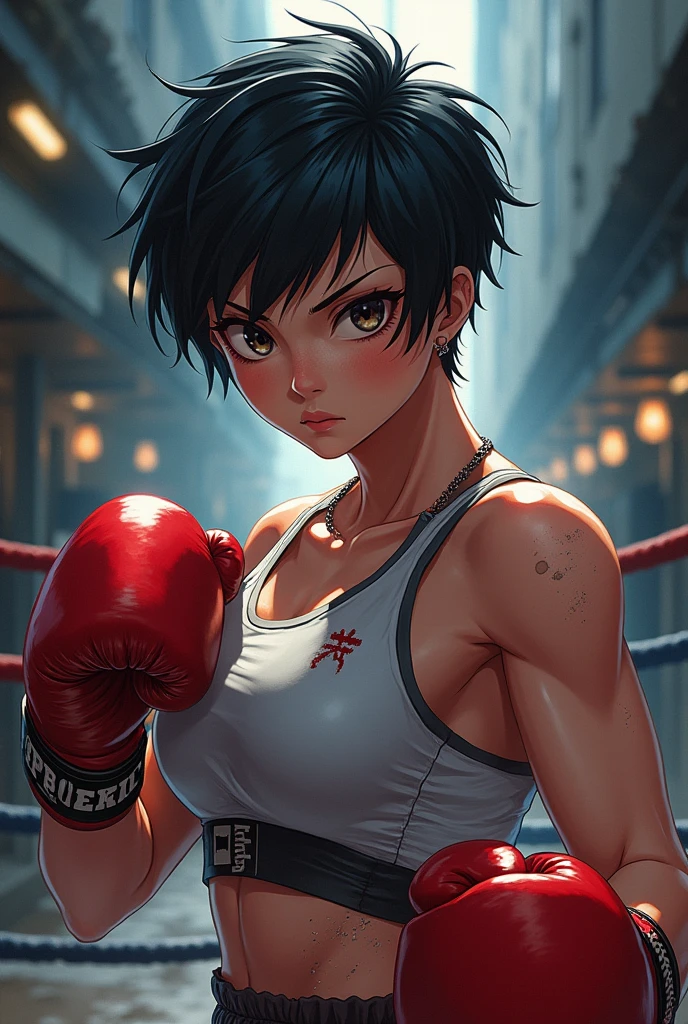 Des Photo d’une fille boxeuse avec des  cheveux courtes   dans rangue avec style anime