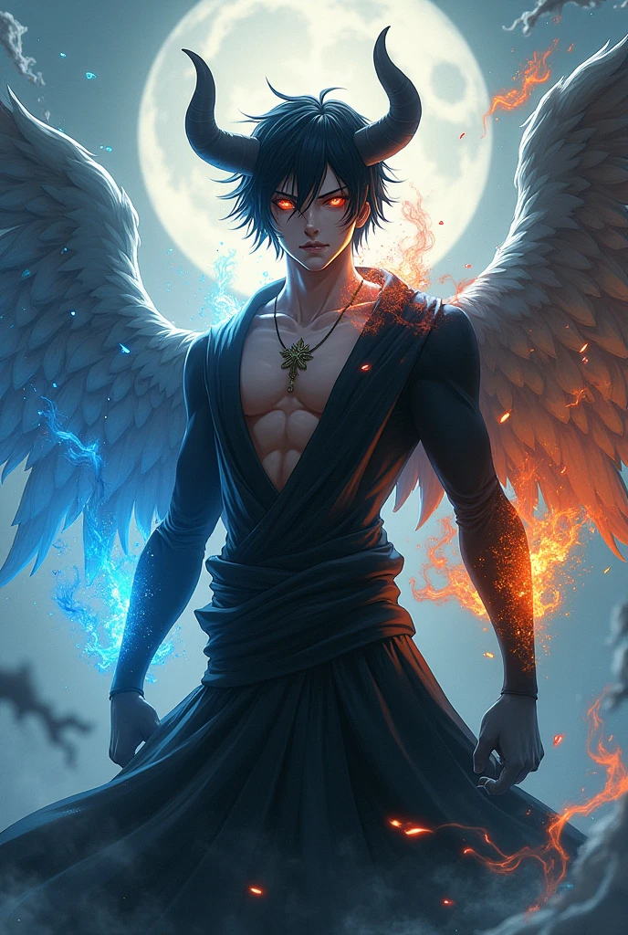 someone who has 2 sides of light and darkness, has the power of wind, fire and water, have sharinggan and rinengang eyes, have horns, medium body like a human, handsome and dashing, short hair,human ear, have wings
