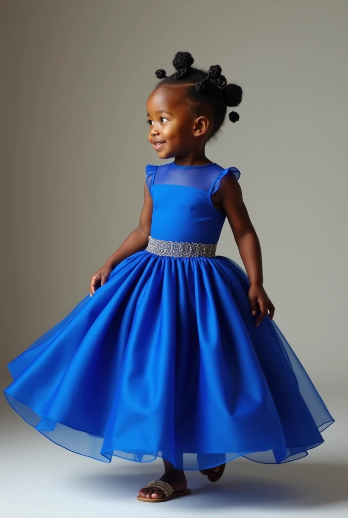 video of a 4year old black girl with a braided hair wearing a short royal blue ball gown walking around
