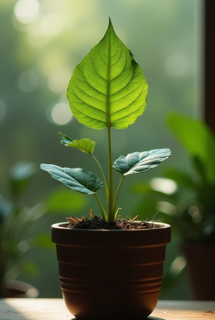 A graceful, human-like leaf shaped as a queen, swaying gently in a plant pot. The leaf moves in slow motion, its edges flowing like a delicate gown. The midrib forms a crown, while the intricate vein patterns suggest a serene face. The camera follows the leaf's elegant dance, capturing every subtle movement and the full length of its body, as it twirls and bends with a fluid, almost magical rhythm. Soft light illuminates the scene, highlighting the leaf's texture and creating a dreamy, cinematic atmosphere as it dances in its natural throne