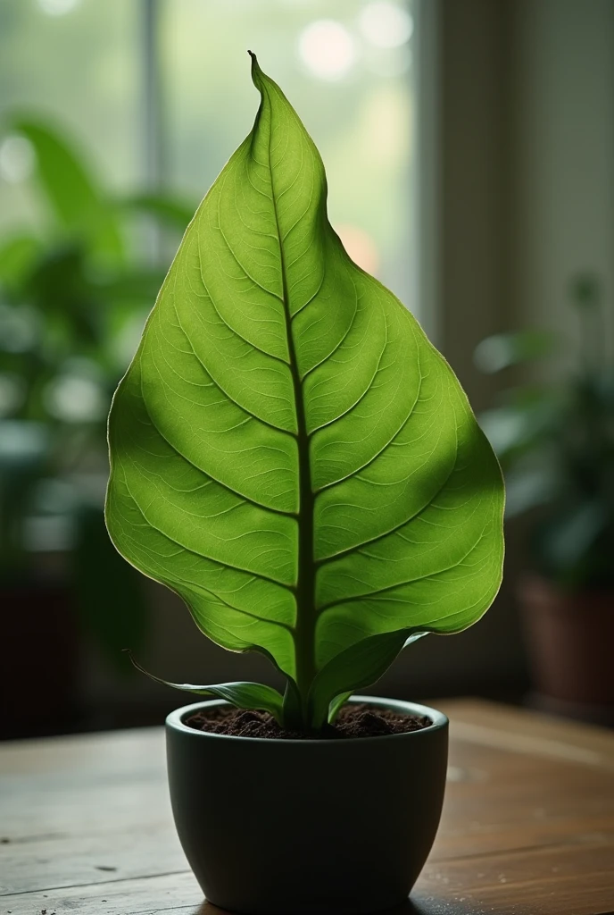 A graceful, human-like leaf shaped as a queen, swaying gently in a plant pot. The leaf moves in slow motion, its edges flowing like a delicate gown. The midrib forms a crown, while the intricate vein patterns suggest a serene face. The camera follows the leaf's elegant dance, capturing every subtle movement and the full length of its body, as it twirls and bends with a fluid, almost magical rhythm. Soft light illuminates the scene, highlighting the leaf's texture and creating a dreamy, cinematic atmosphere as it dances in its natural throne